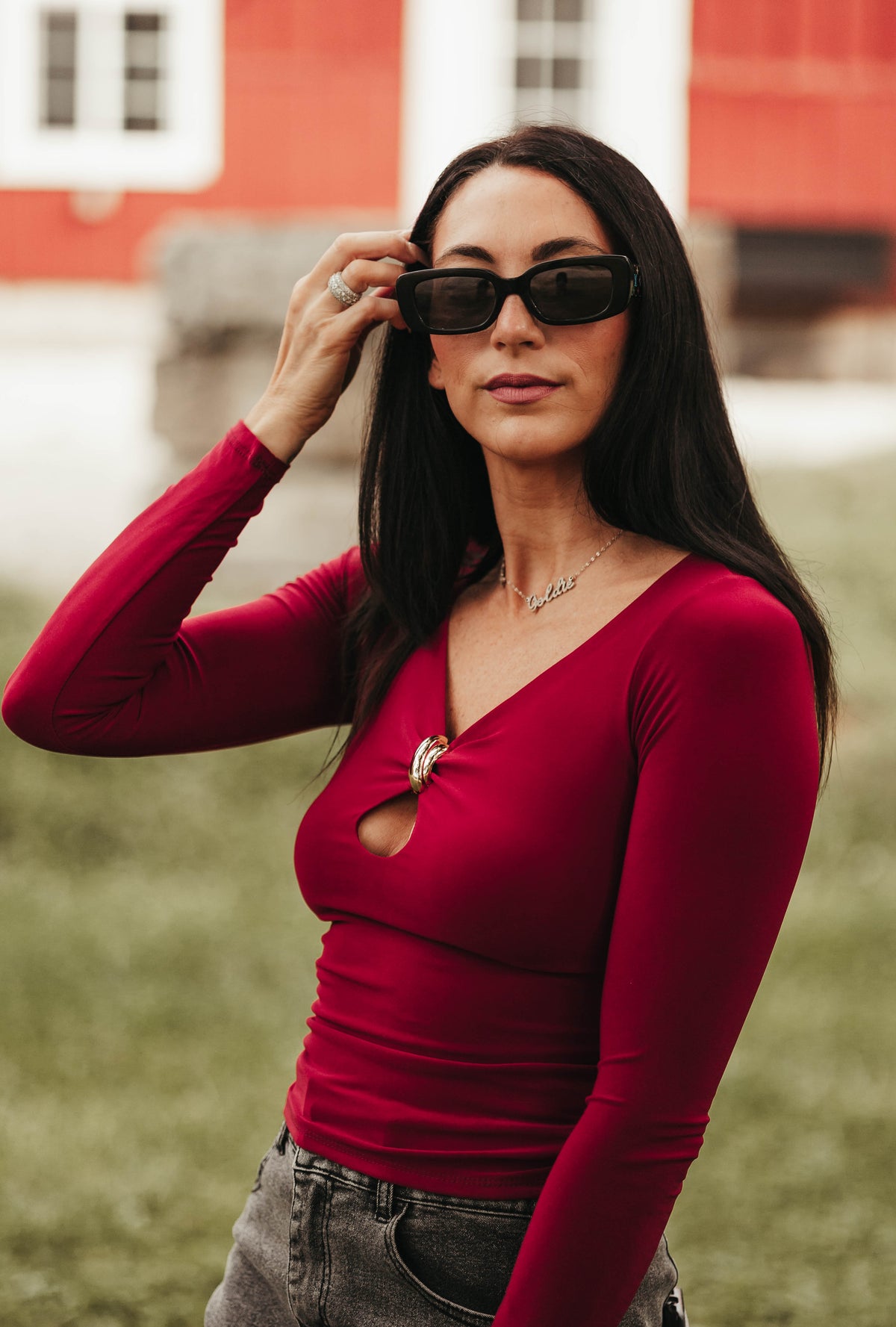 Cutout Long Sleeve Top: Burgundy