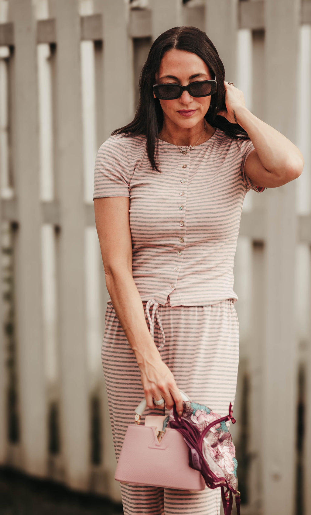 Ronnie Striped Pants: Heather Grey/Pink