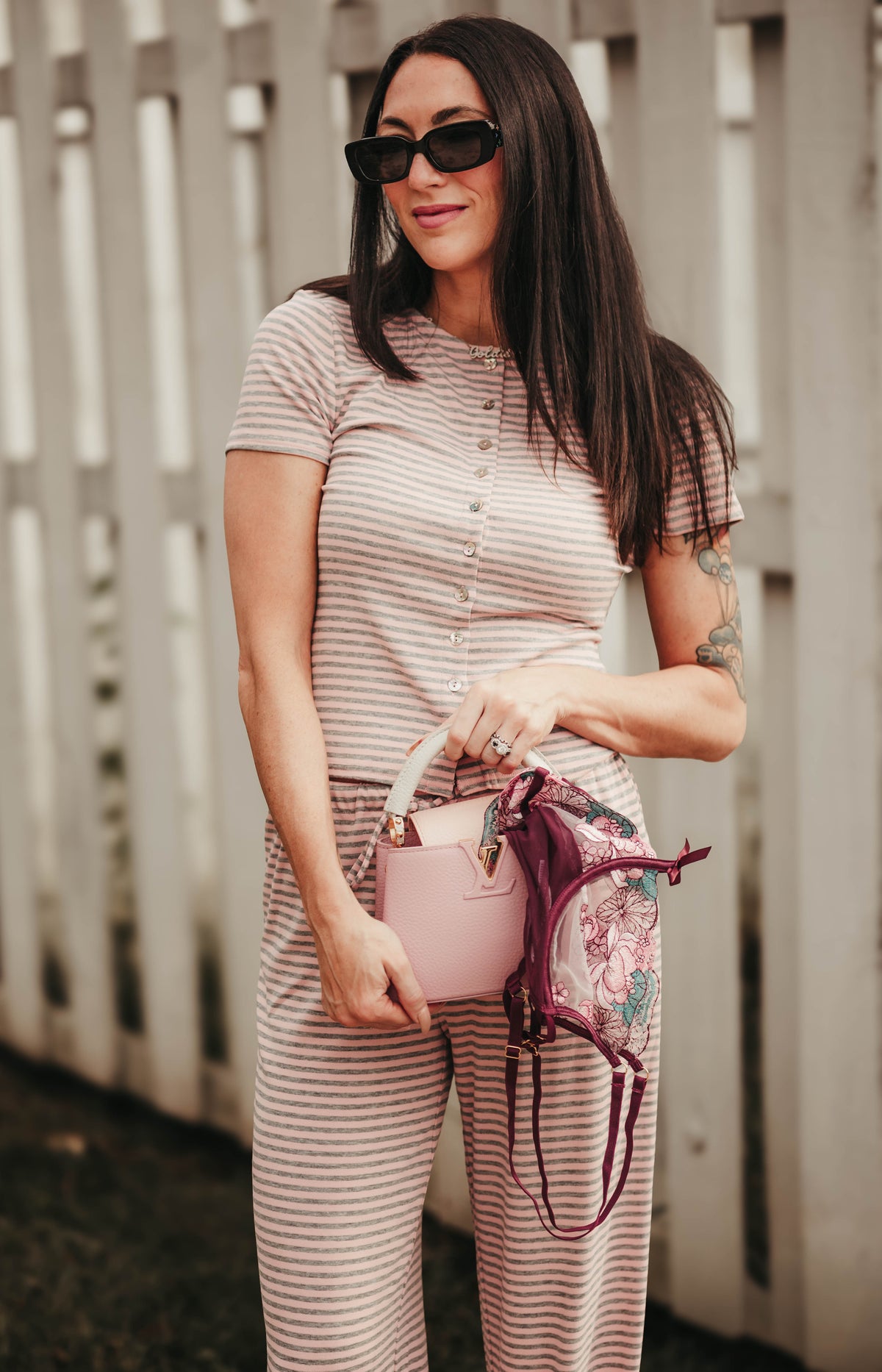 Ronnie Striped Top: Heather Grey/Pink