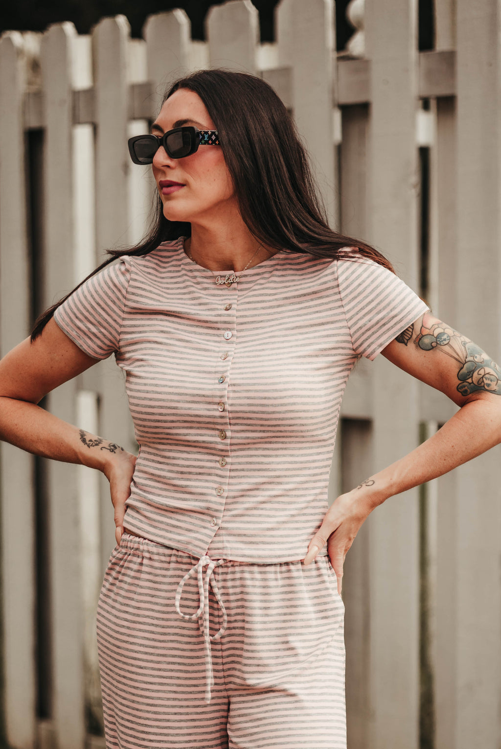 Ronnie Striped Pants: Heather Grey/Pink