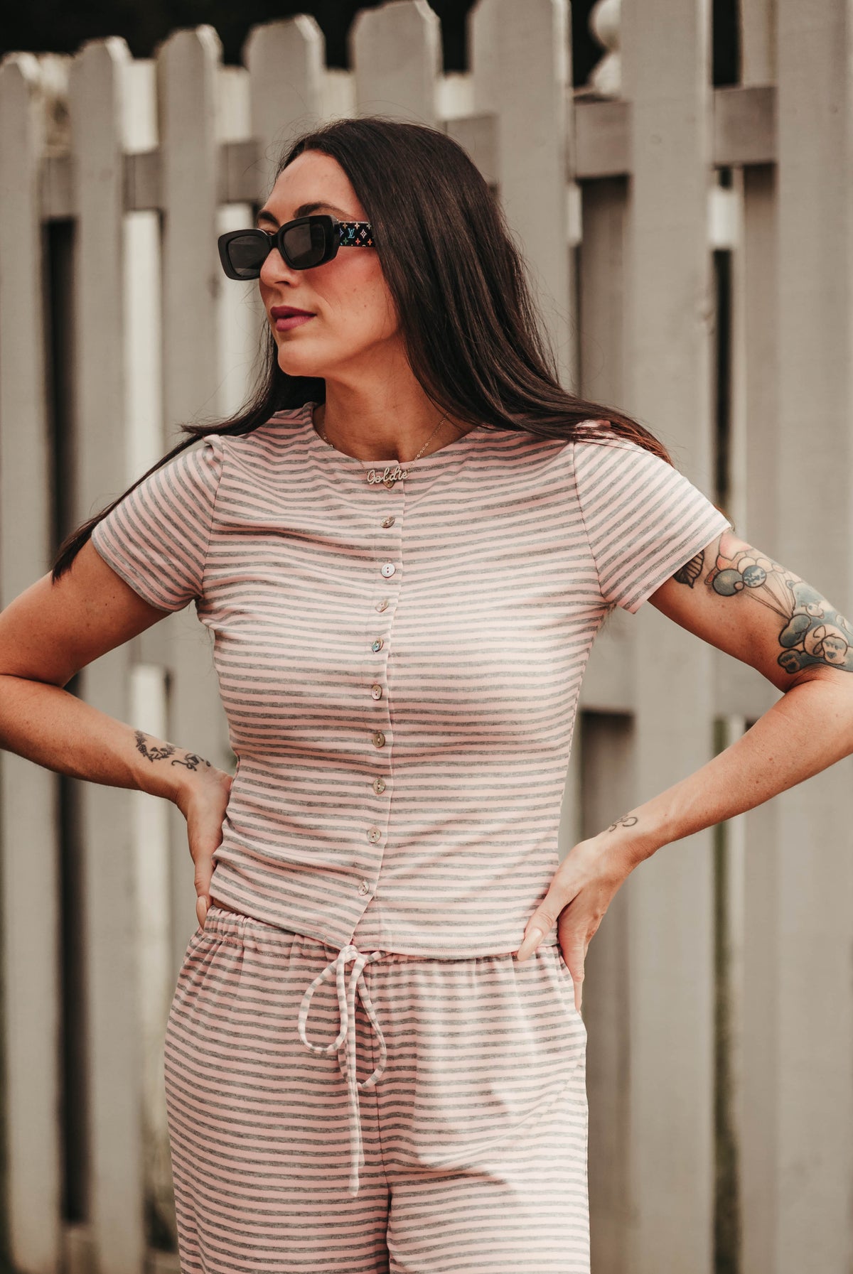 Ronnie Striped Top: Heather Grey/Pink