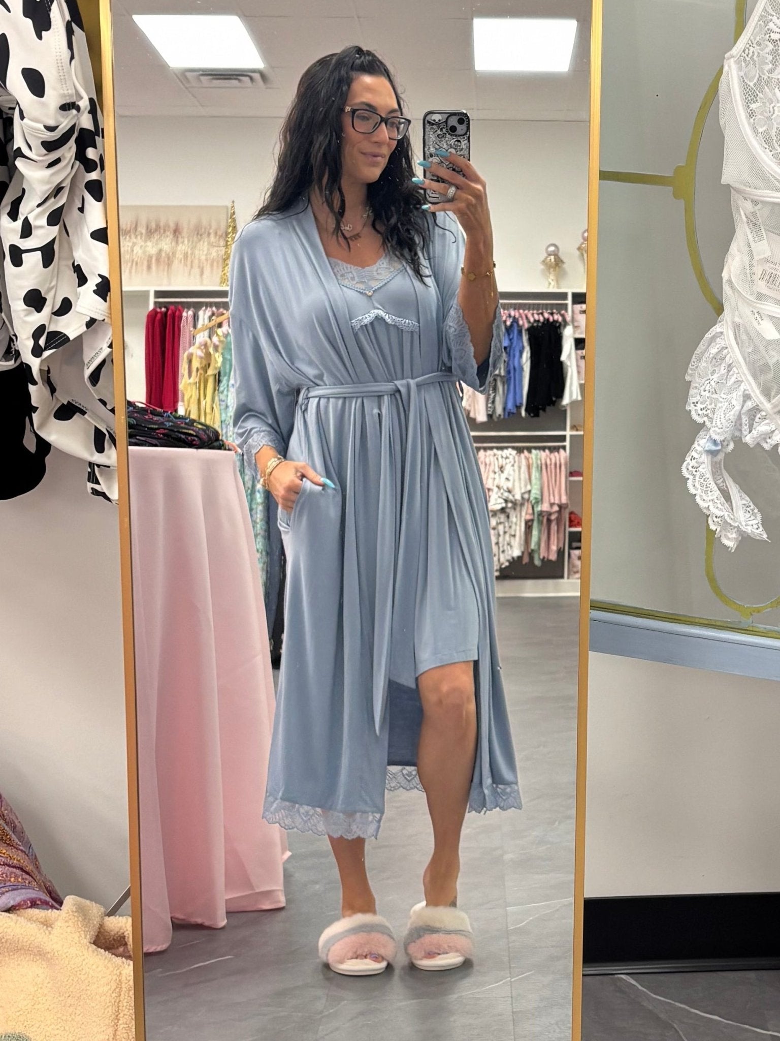 Bamboo Lace Kimono Robe in Blue Mist - Intimate Whispers