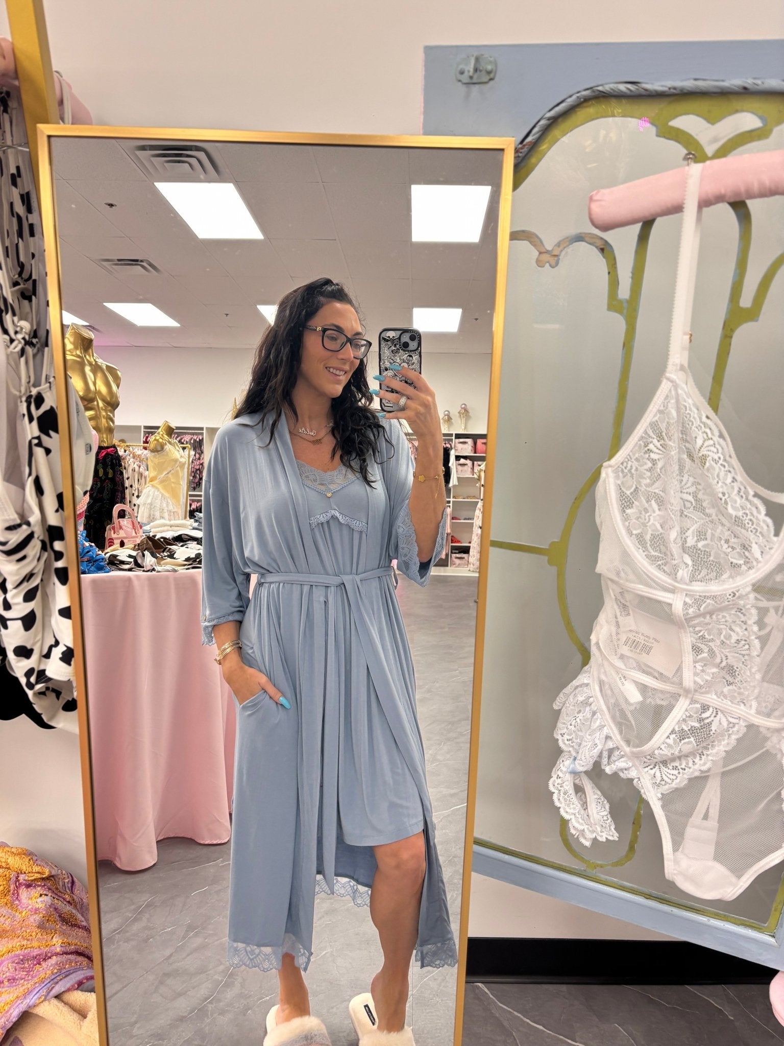 Bamboo Lace Kimono Robe in Blue Mist - Intimate Whispers