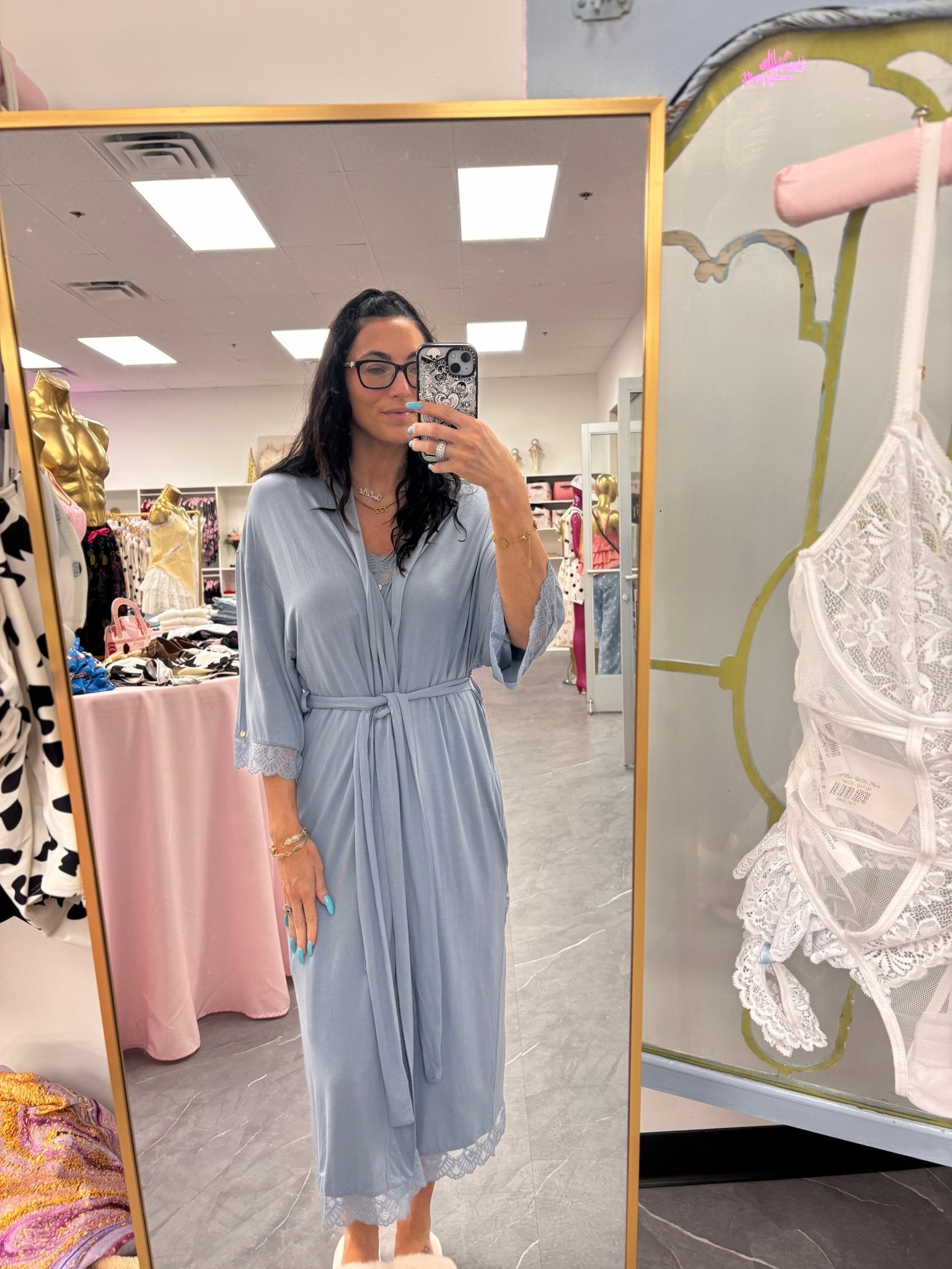 Bamboo Lace Kimono Robe in Blue Mist - Intimate Whispers