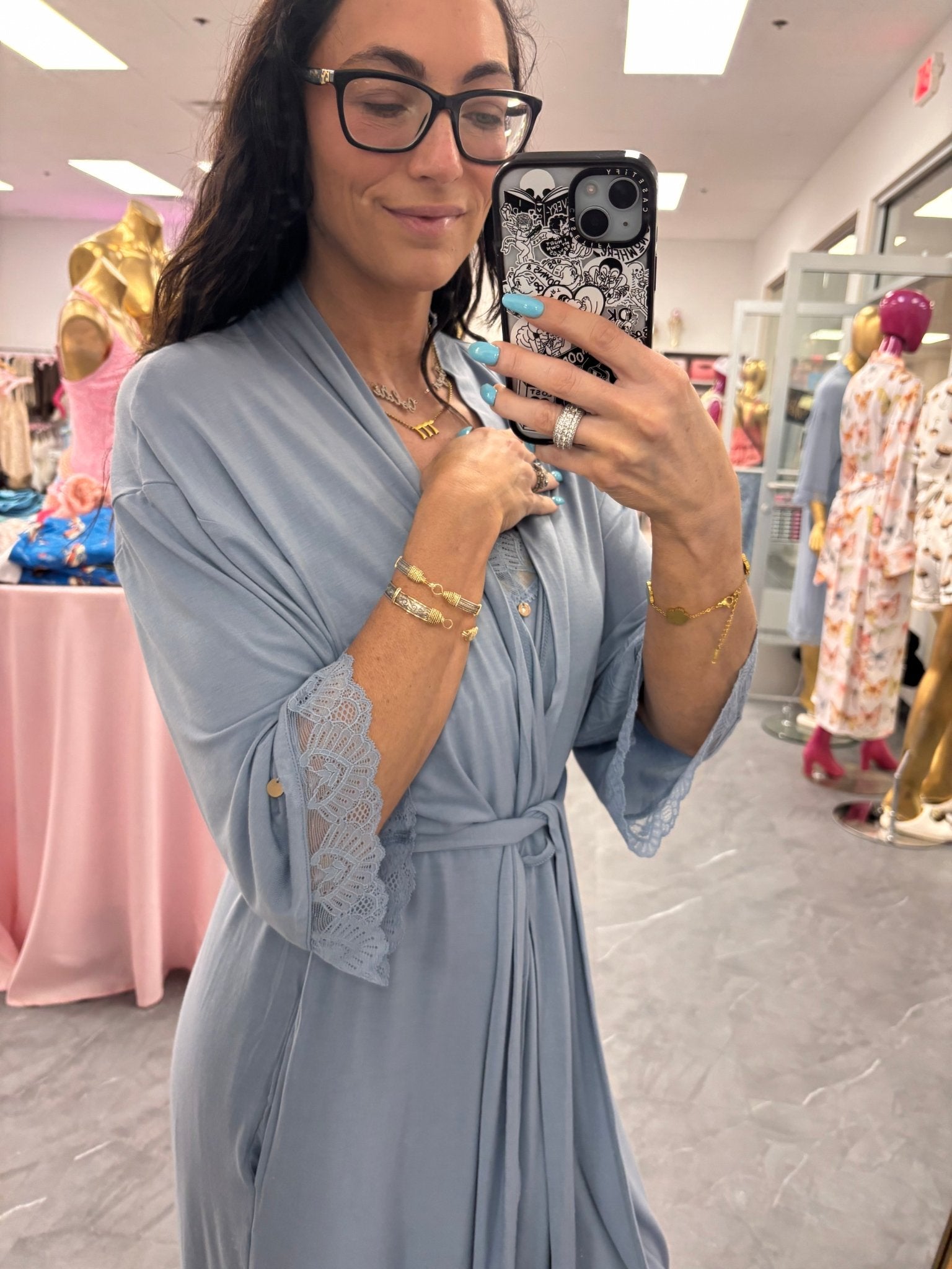 Bamboo Lace Kimono Robe in Blue Mist - Intimate Whispers