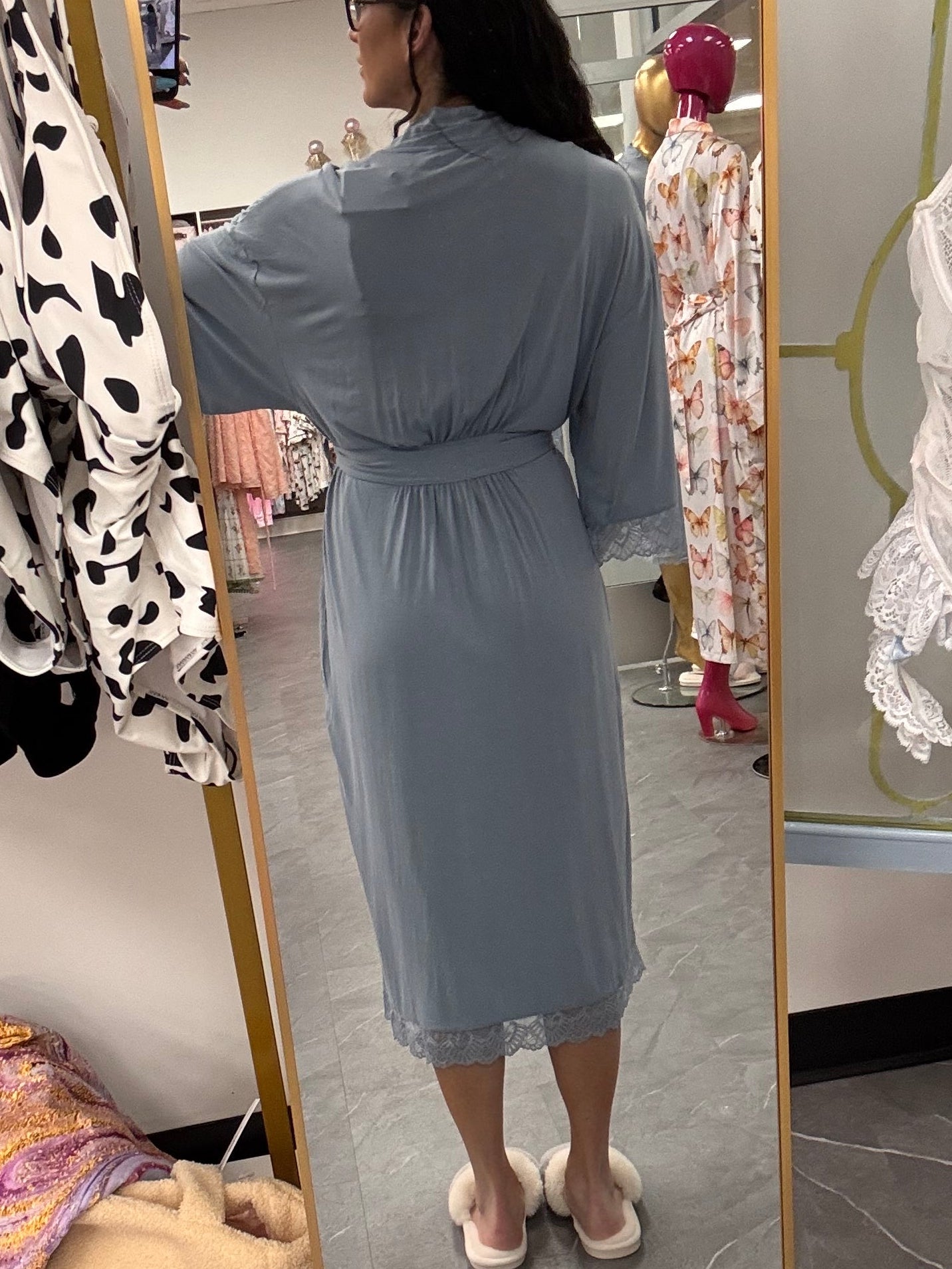 Bamboo Lace Kimono Robe in Blue Mist - Intimate Whispers