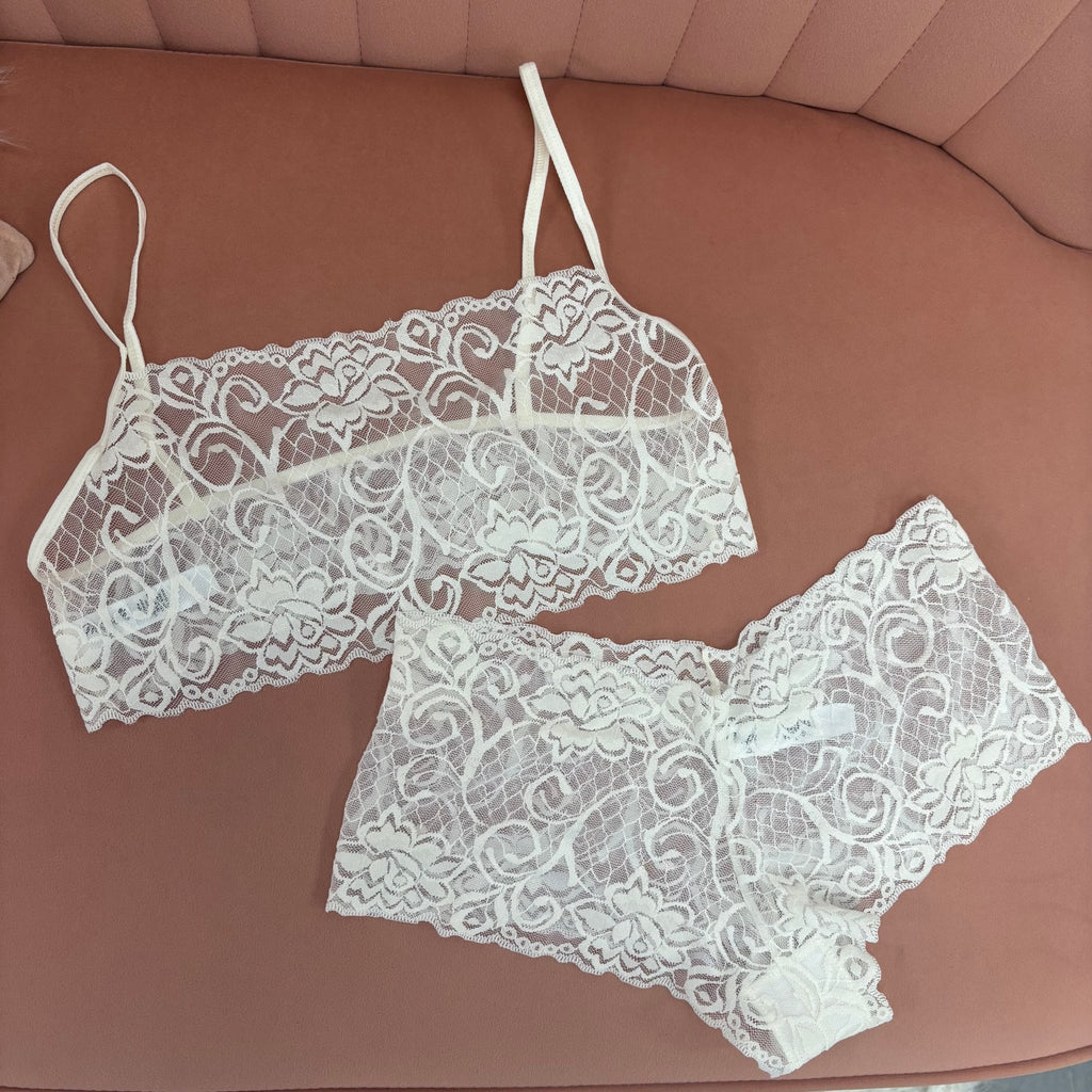 White Lingerie Set with Bustier Top and Lace Shorts - Intimate Whispers