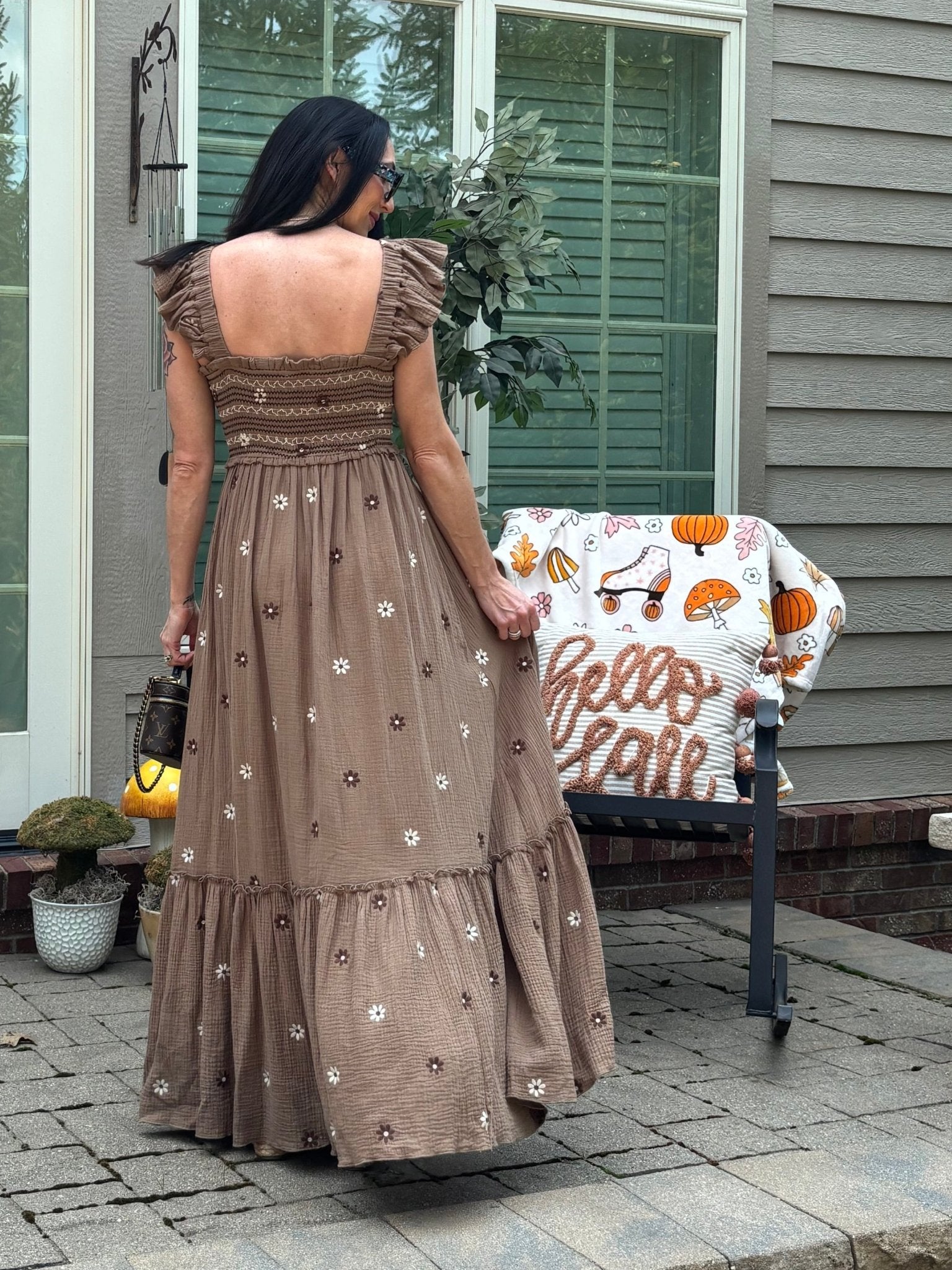 Floral Embroidered Maxi Dress: Brown - Intimate Whispers