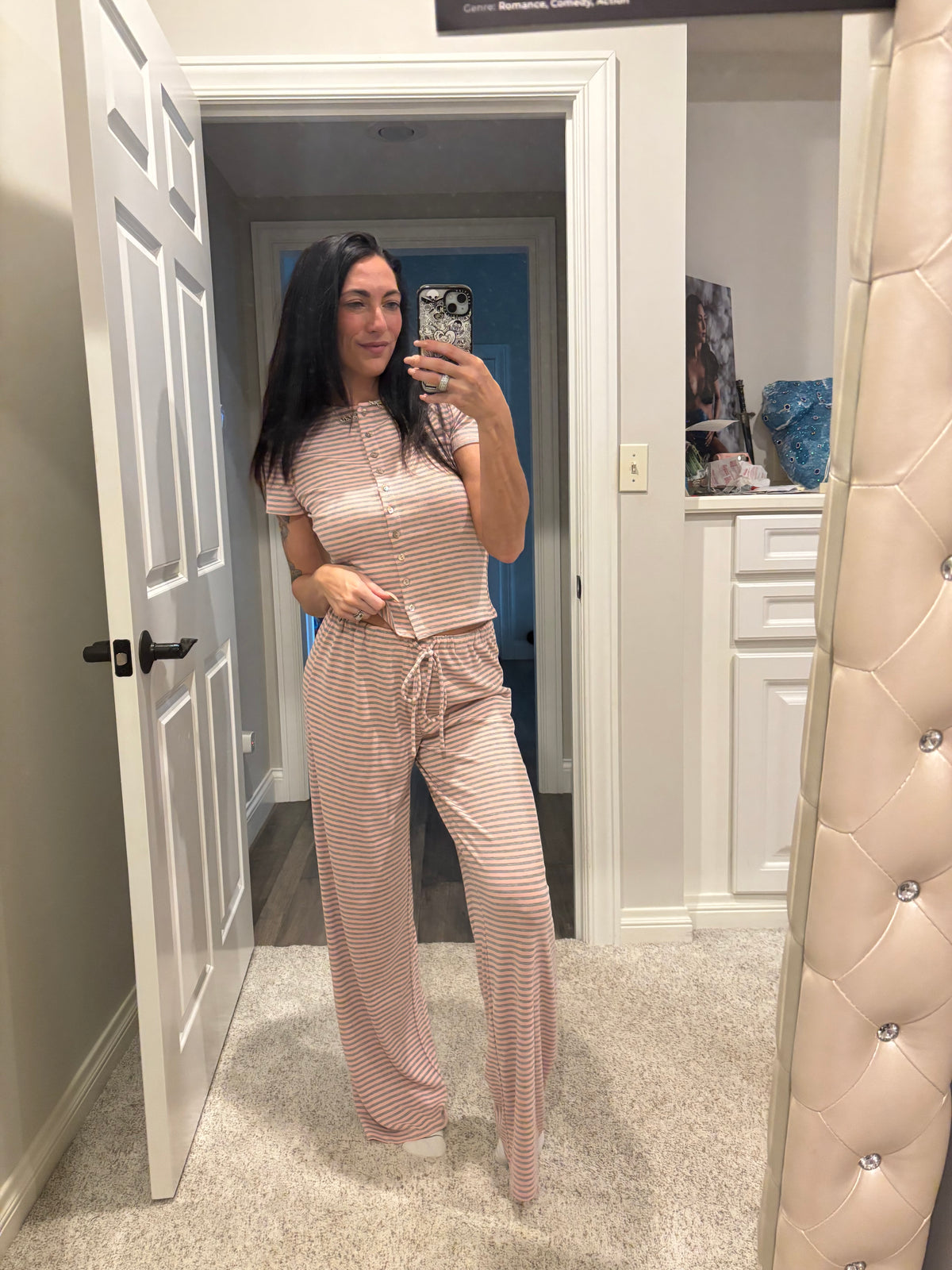 Ronnie Striped Pants: Heather Grey/Pink