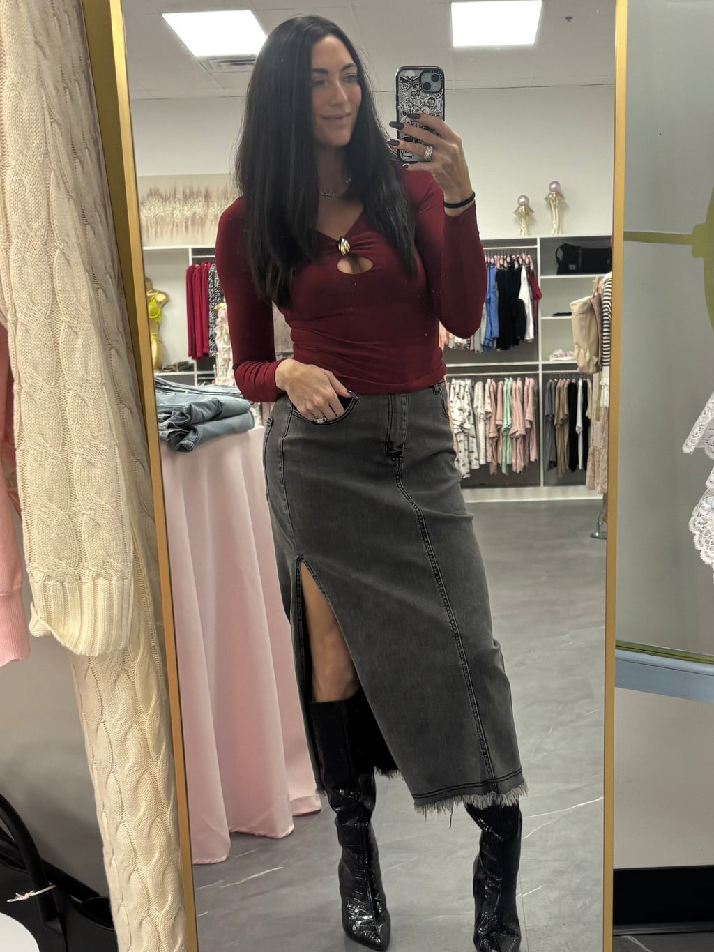 Cutout Long Sleeve Top: Burgundy