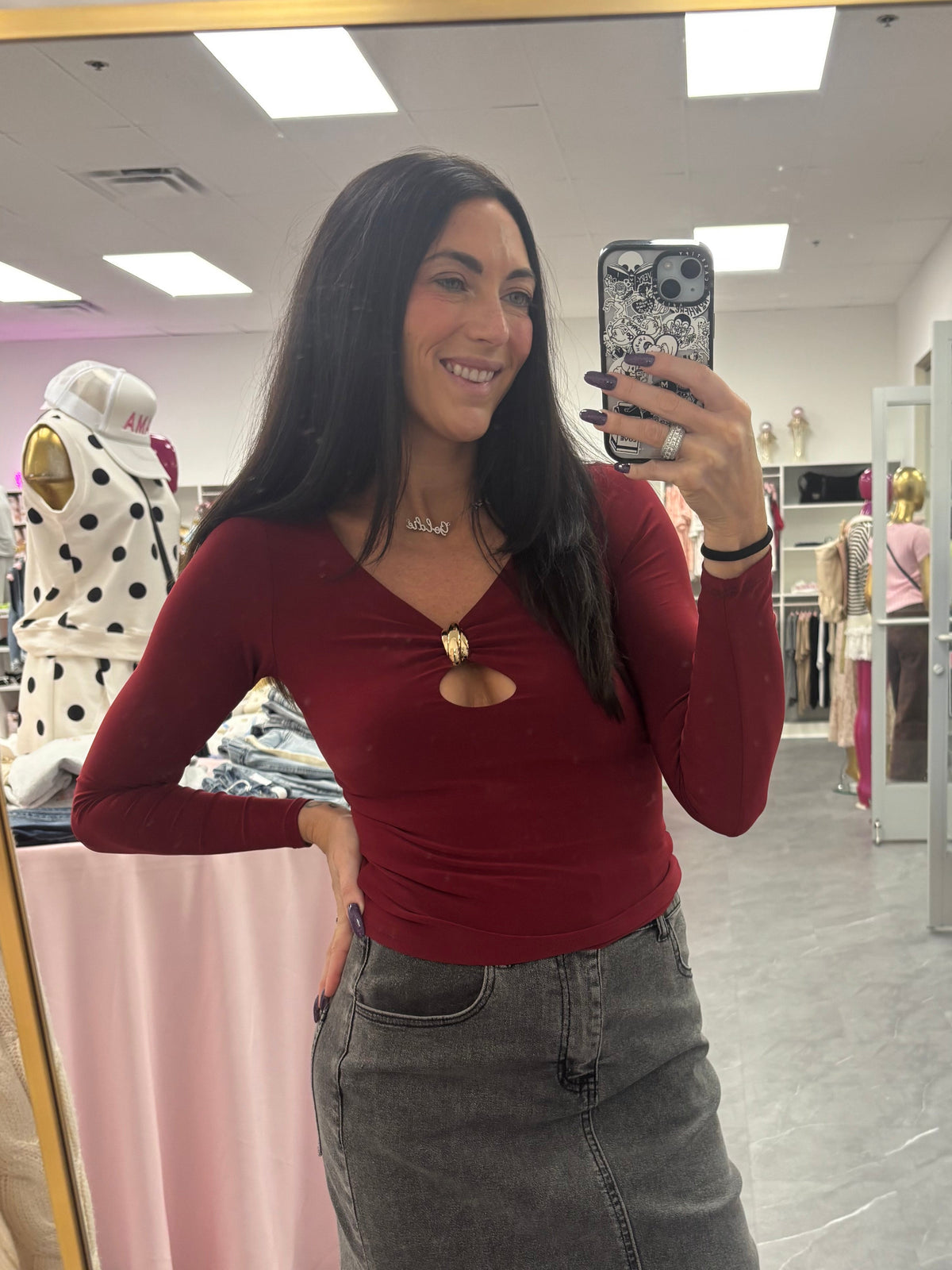 Cutout Long Sleeve Top: Burgundy