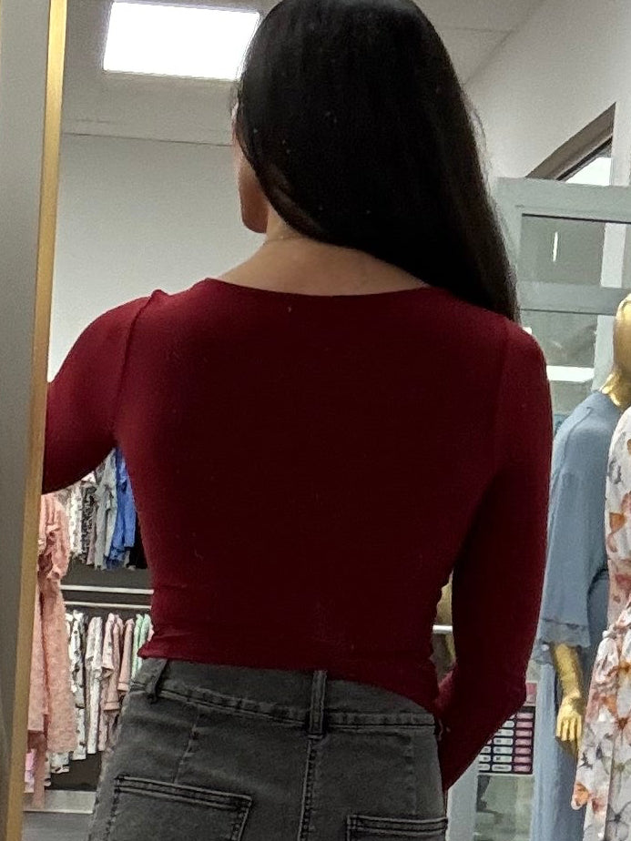 Cutout Long Sleeve Top: Burgundy