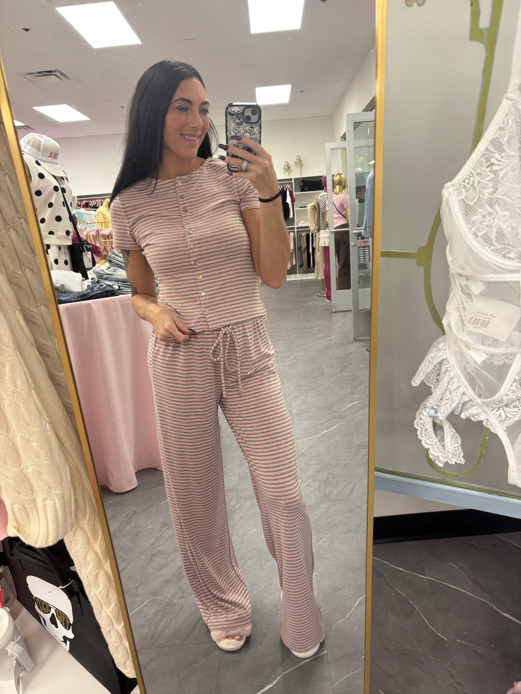 Ronnie Striped Top: Heather Grey/Pink