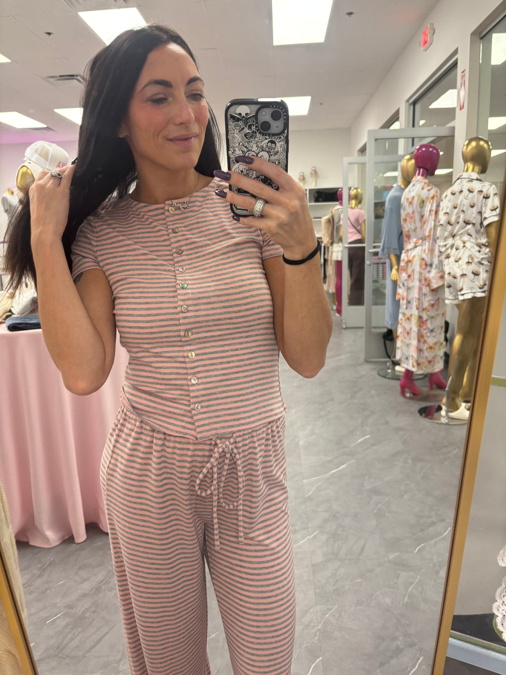 Ronnie Striped Top: Heather Grey/Pink