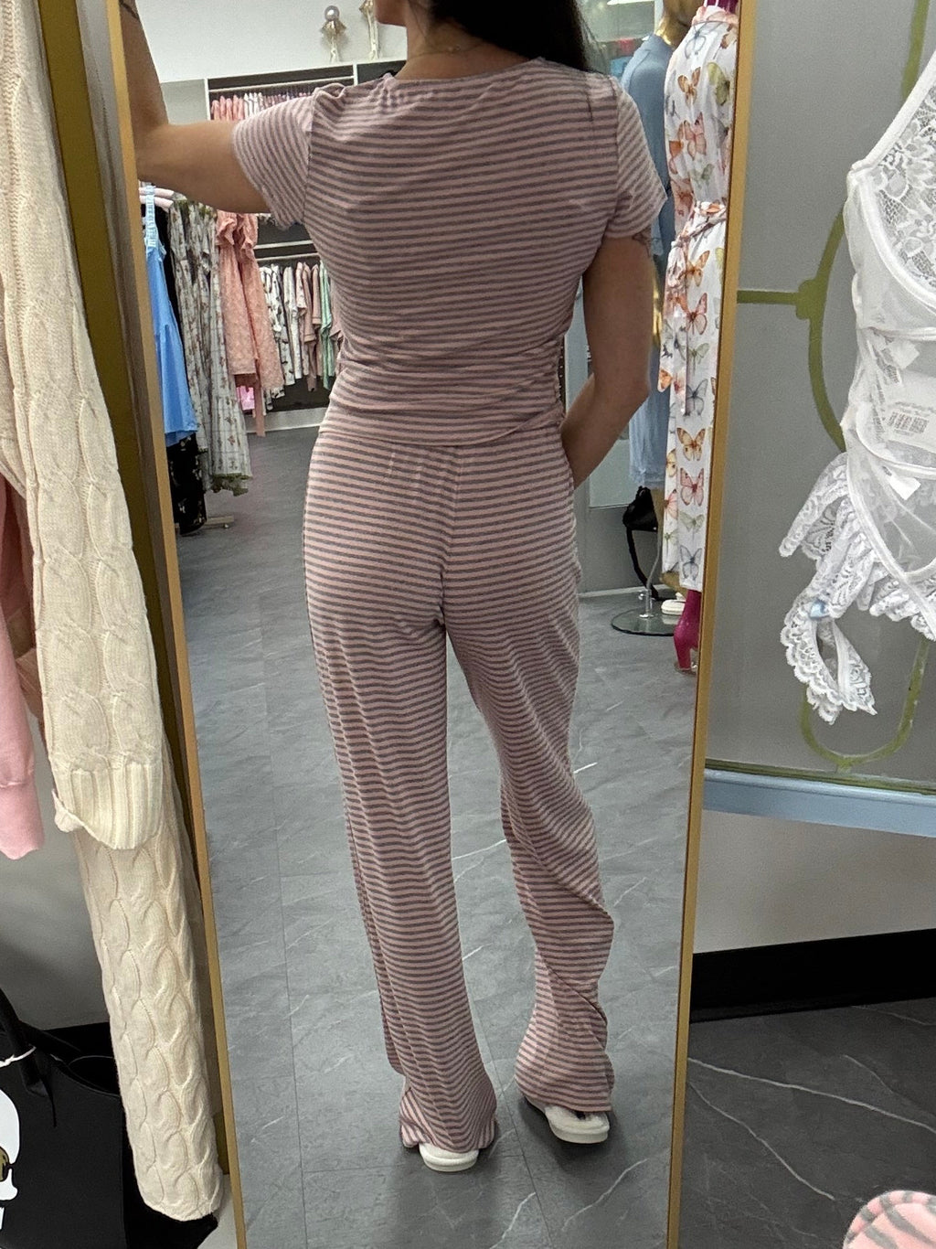 Ronnie Striped Pants: Heather Grey/Pink