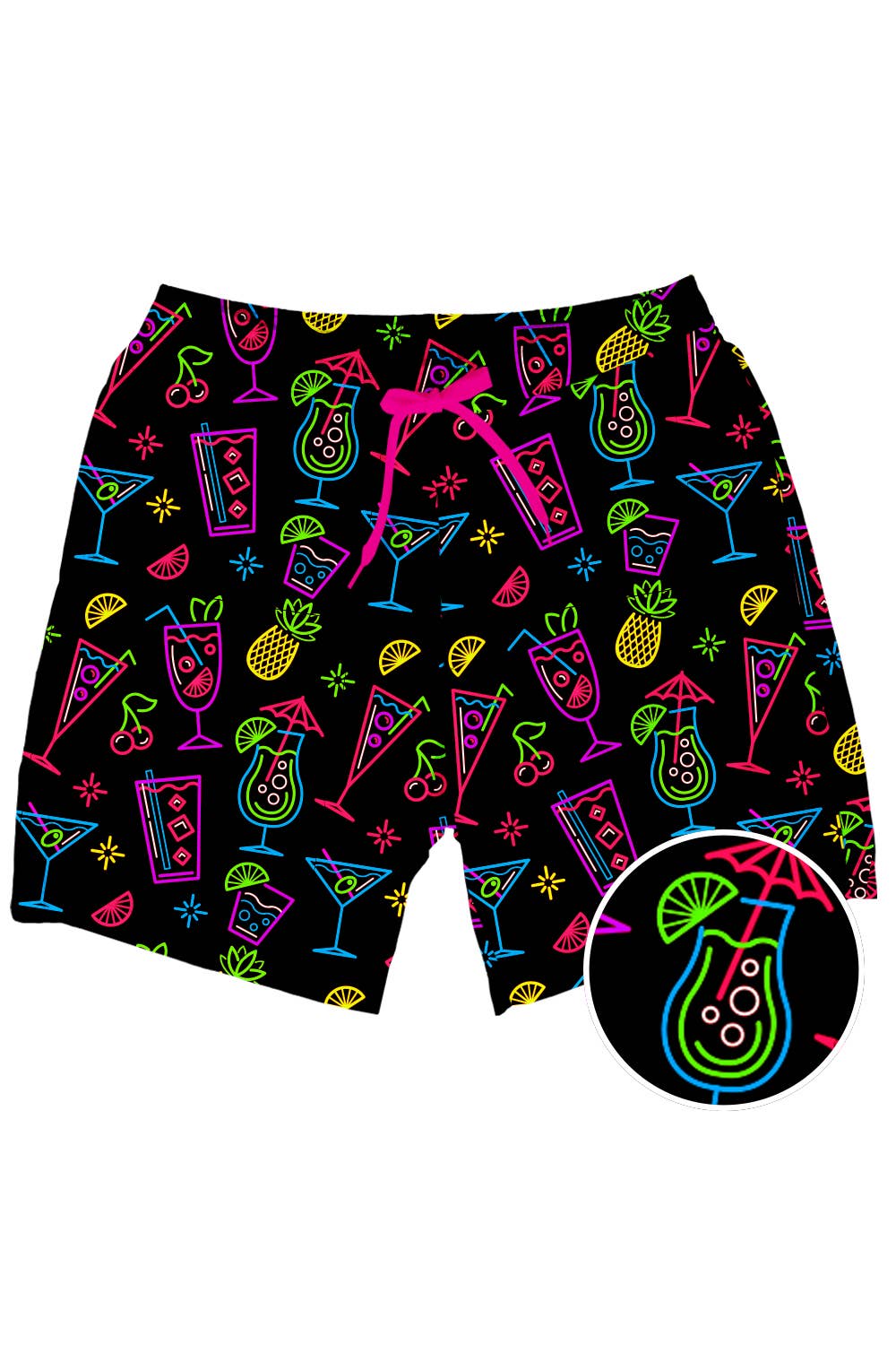 Men's tipsey elves black neon cocktails swim trunks 