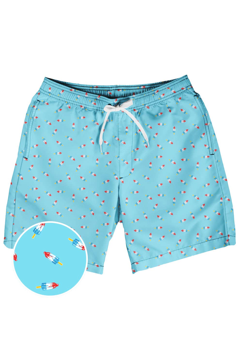 Men's swim trunks with a pattern of popsicles in red, white, and blue.