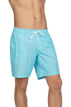 Men's swim trunks with a pattern of popsicles in red, white, and blue.