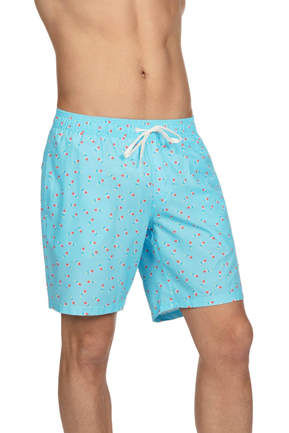 Men's swim trunks with a pattern of popsicles in red, white, and blue.