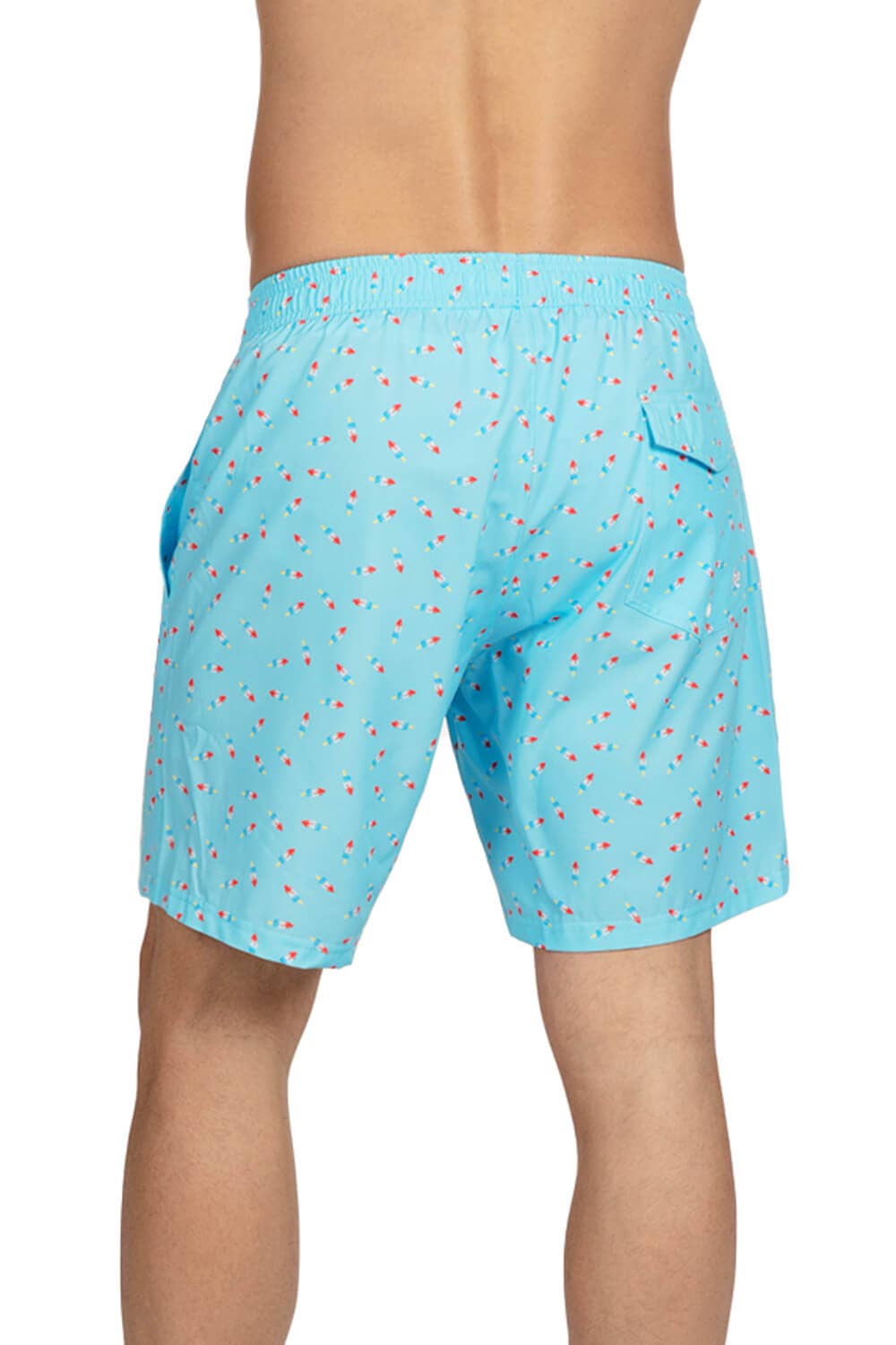 Men's swim trunks with a pattern of popsicles in red, white, and blue.