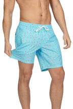 Men's swim trunks with a pattern of popsicles in red, white, and blue.
