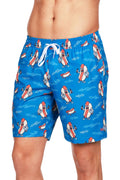 Men's tipsy elves blue hot dogs swim trunks with drawstring waistband and pockets