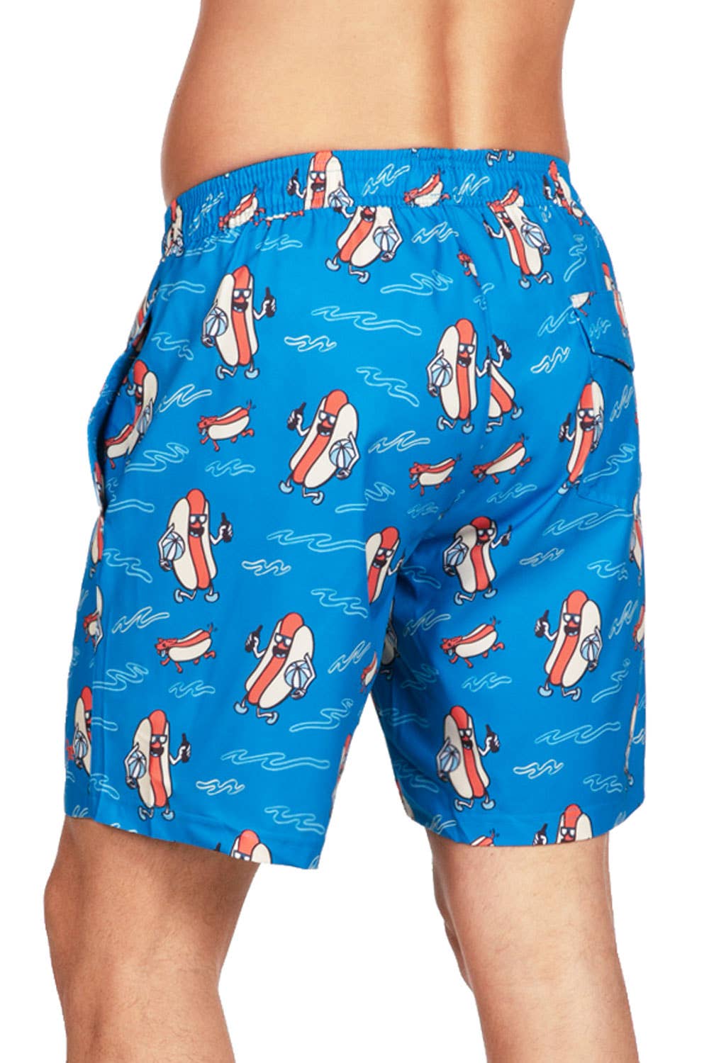 Men's tipsy elves blue hot dogs swim trunks with drawstring waistband and pockets