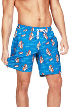 Men's tipsy elves blue hot dogs swim trunks with drawstring waistband and pockets