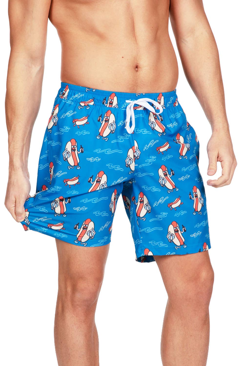 Men's tipsy elves blue hot dogs swim trunks with drawstring waistband and pockets