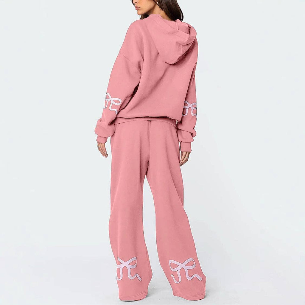 Pink bow sweatset on model back view
