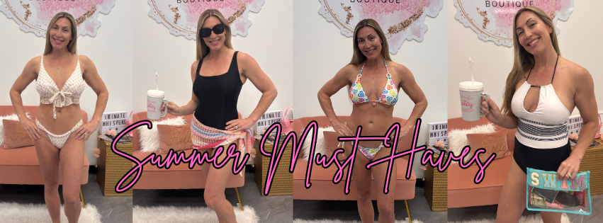 A four-panel collage showing a woman modeling different bikini and swimwear outfits in front of a boutique wall, with large overlaid text reading 'Summer Must Haves'.
