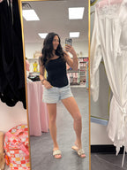 Seamless black camisole tank top on model full look