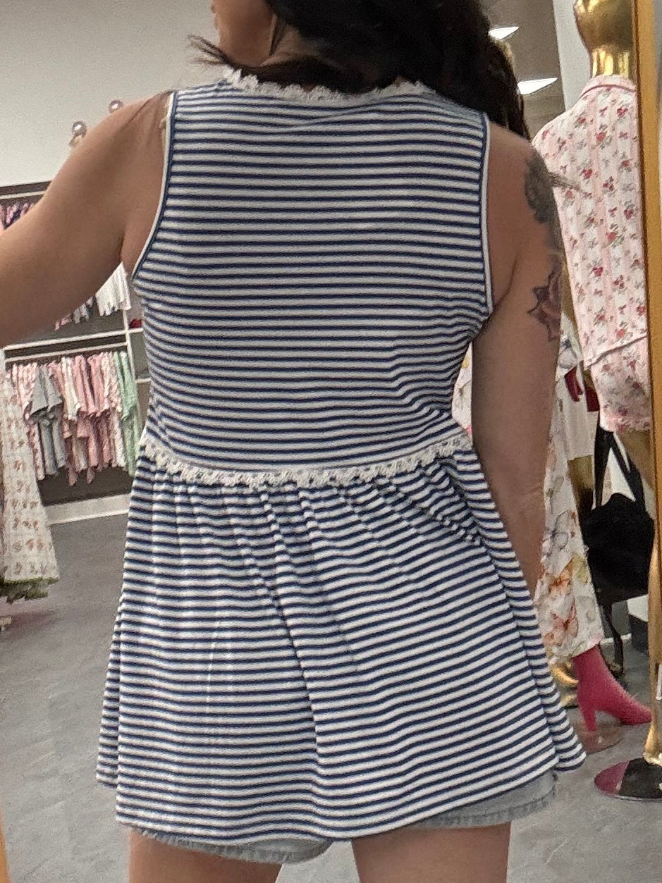 Women's blue striped peplum model back
