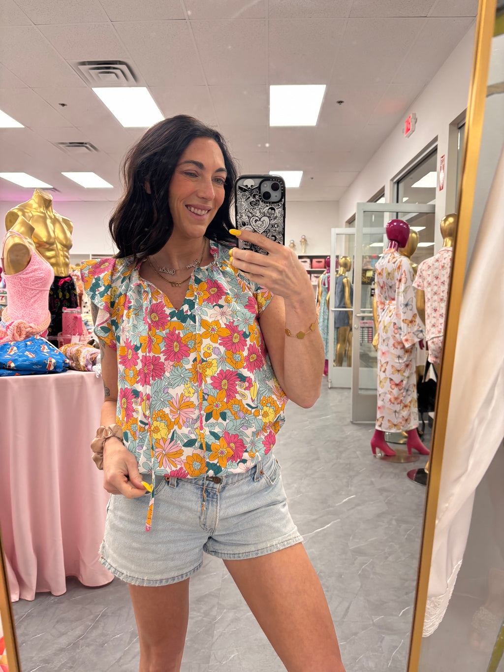Women's boho floral tank top flowy fit on model