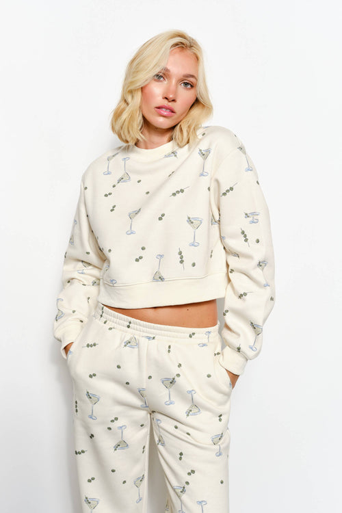 Women martini sweat shirt with martini and olives. Cropped fit