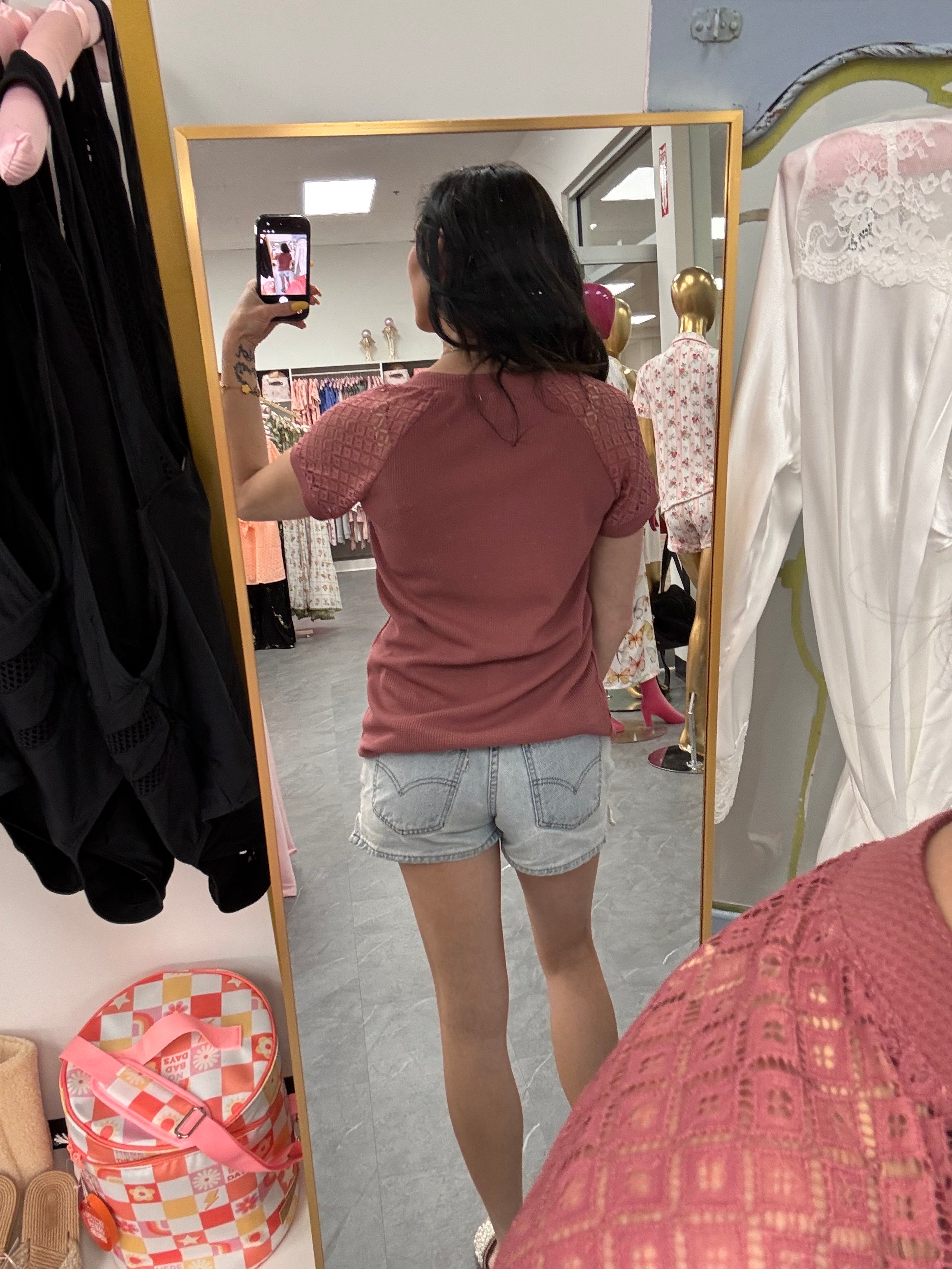 Women's mauve waffle top with lace sleeves back view