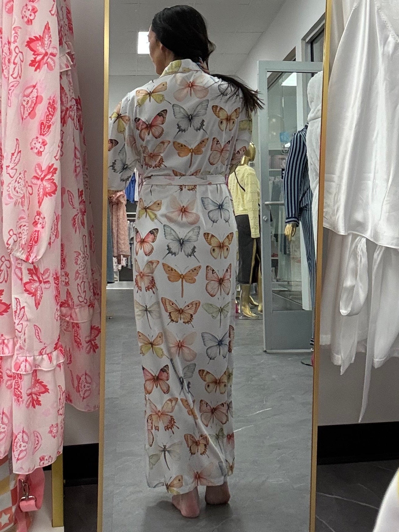Women's satin butterfly long robe back detail