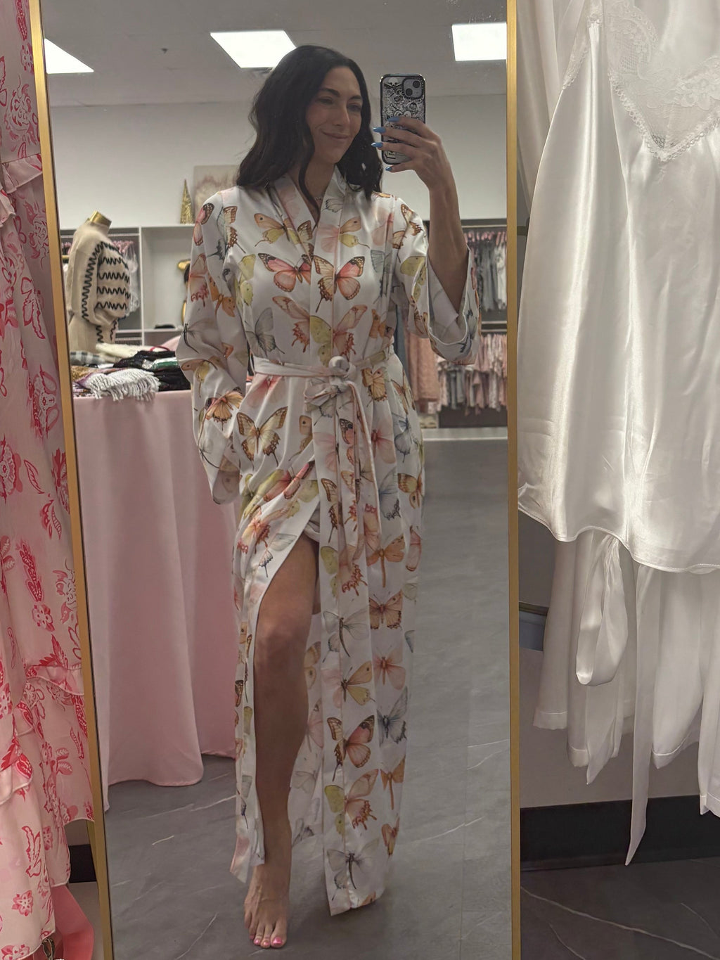 Women's satin long butterfly robe on model