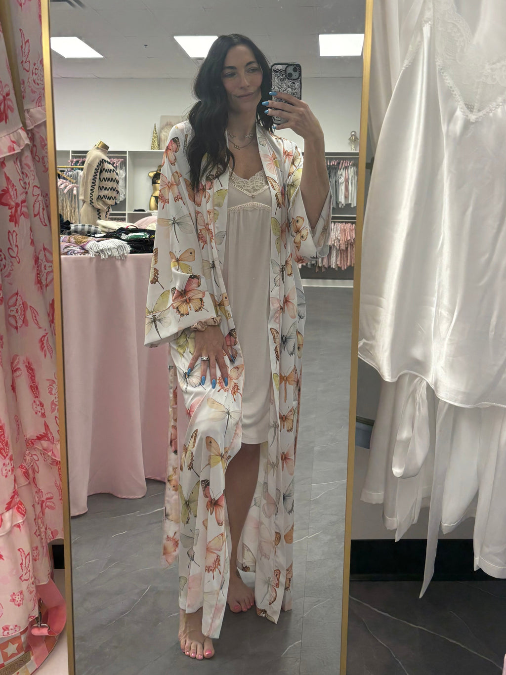 Women's satin butterfly long robe open with nightgown