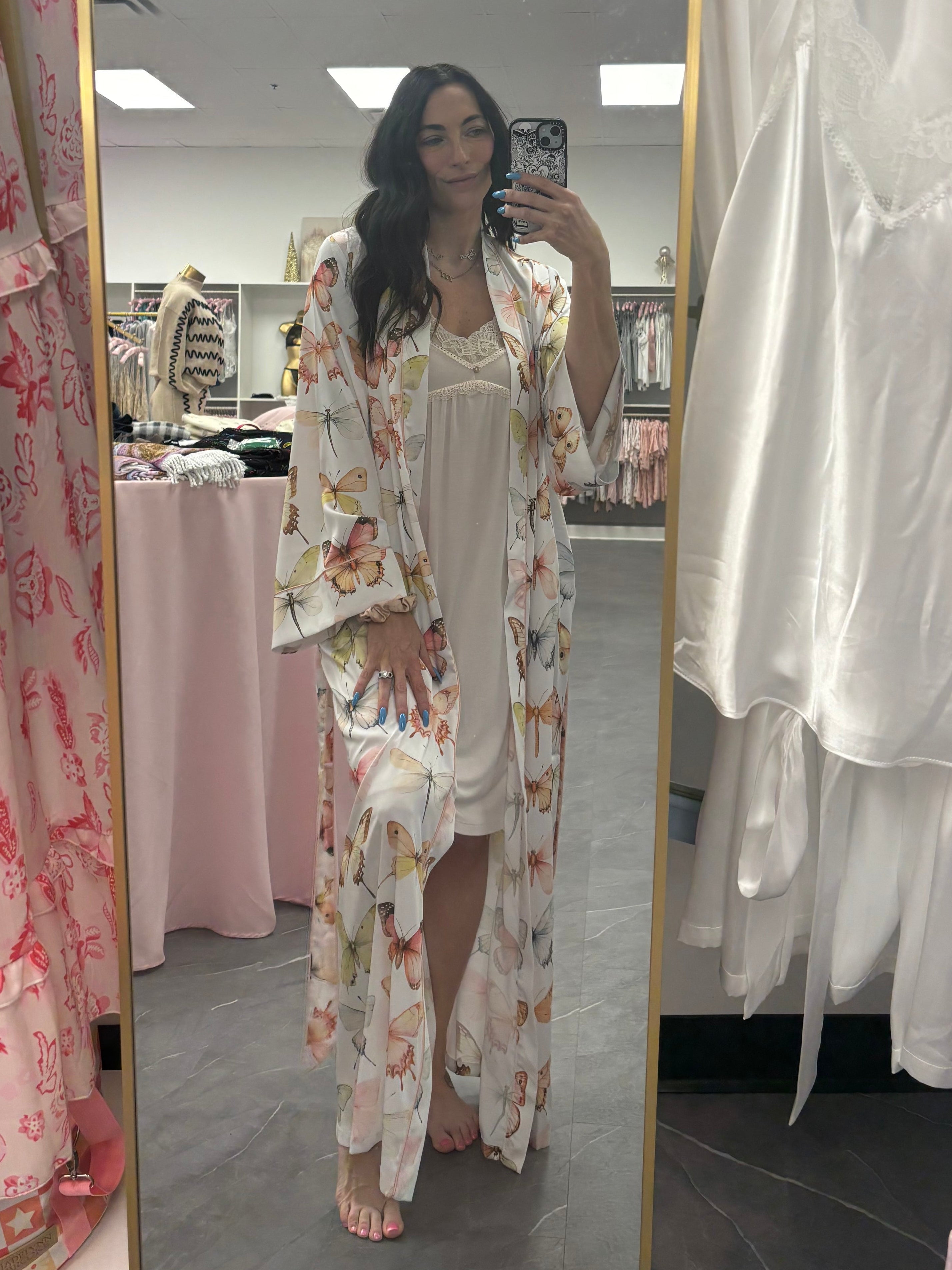 Women's satin butterfly long robe open with nightgown