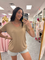 Women's classic v-neck t-shirt in light coco model wearing 