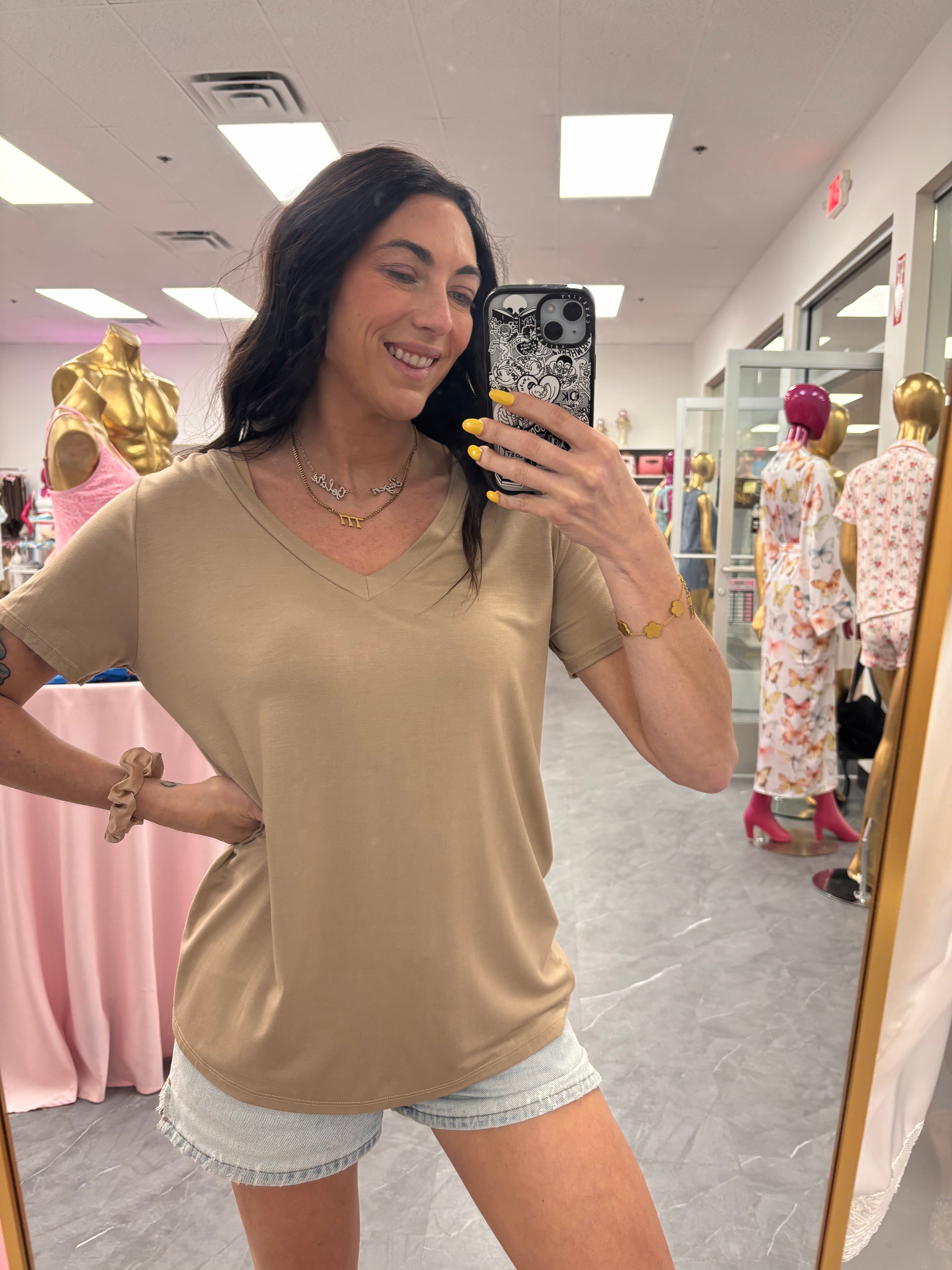 Women's classic v-neck t-shirt in light coco model wearing 