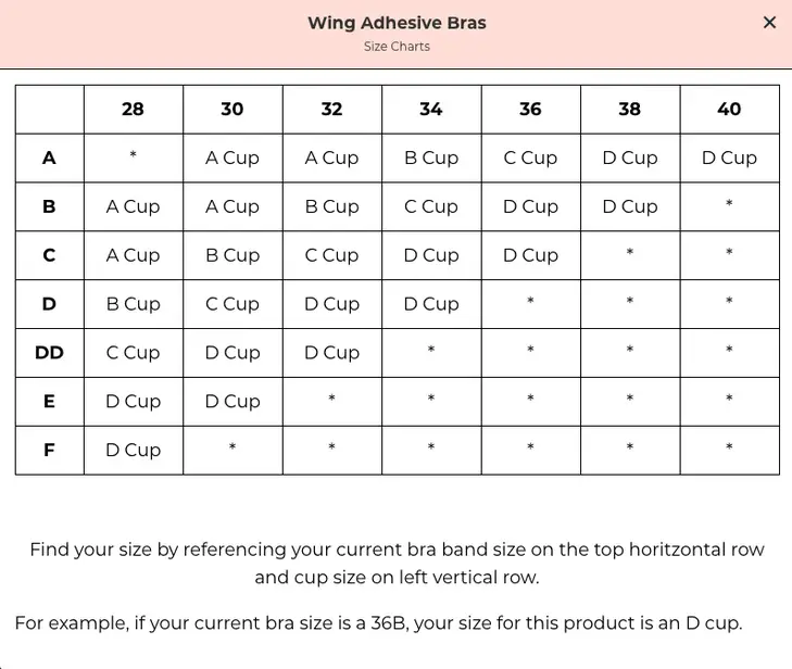 Women's Adhesive reusable sticky bra black size chart
