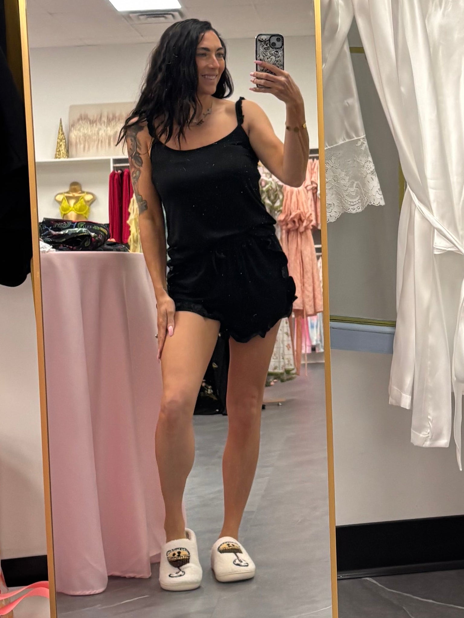 Bamboo Frill Cami Short Pajama Set - Black - Intimate Whispers