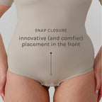 Women's seamless beige crew neck tshirt style bodysuit on model 