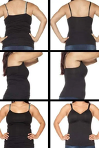 A woman wearing a black molded cup camisole with adjustable straps and a sweetheart neckline.