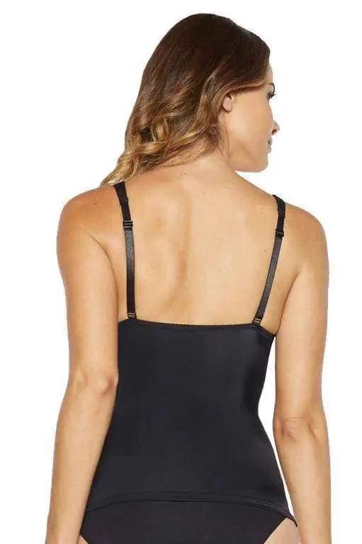 A woman wearing a black molded cup camisole with adjustable straps and a sweetheart neckline.