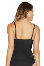 A woman wearing a black molded cup camisole with adjustable straps and a sweetheart neckline.