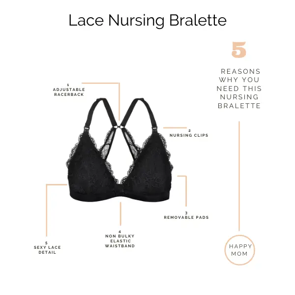 A black lace nursing bralette with adjustable racerback and drop-down cups, featuring a hook and eye clasp.