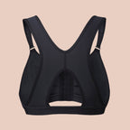 A black post-surgery bra with a front 3 hook closure, designed for comfort and support.